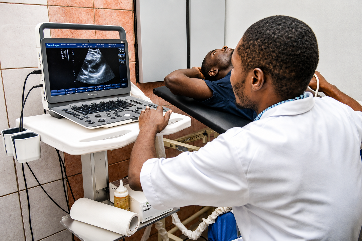 African medical imaging professional adjusting X-ray equipment for a patient