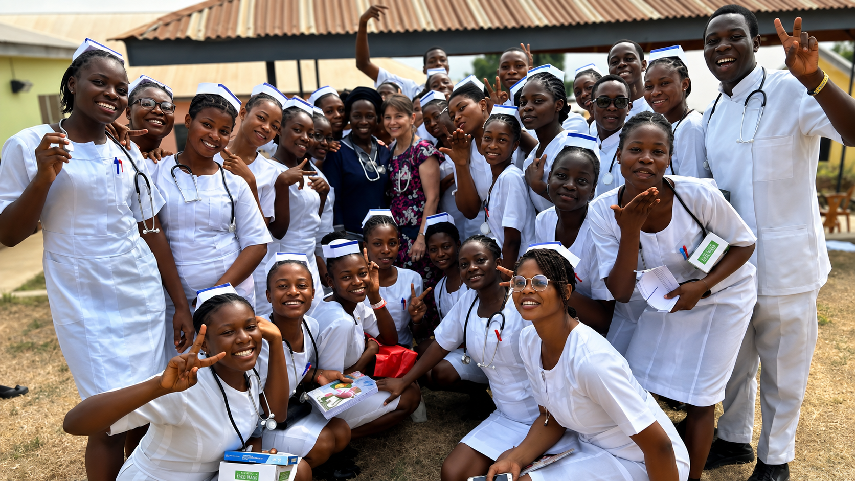 African female nurse in blue scrubs smiling in a bright clinical setting